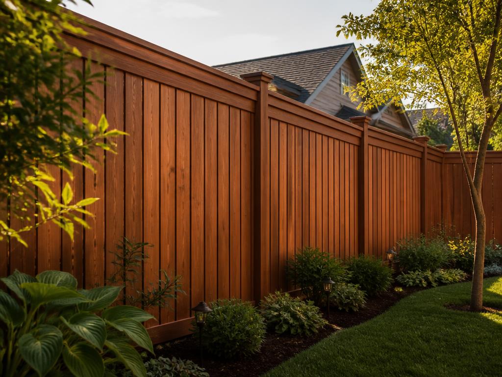 Cedar cap and trim fence with rich cinnamon stain along a landscaped bed