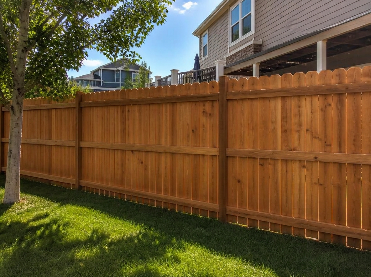 Cedar dog ear privacy fence with honey stain in a suburban backyard