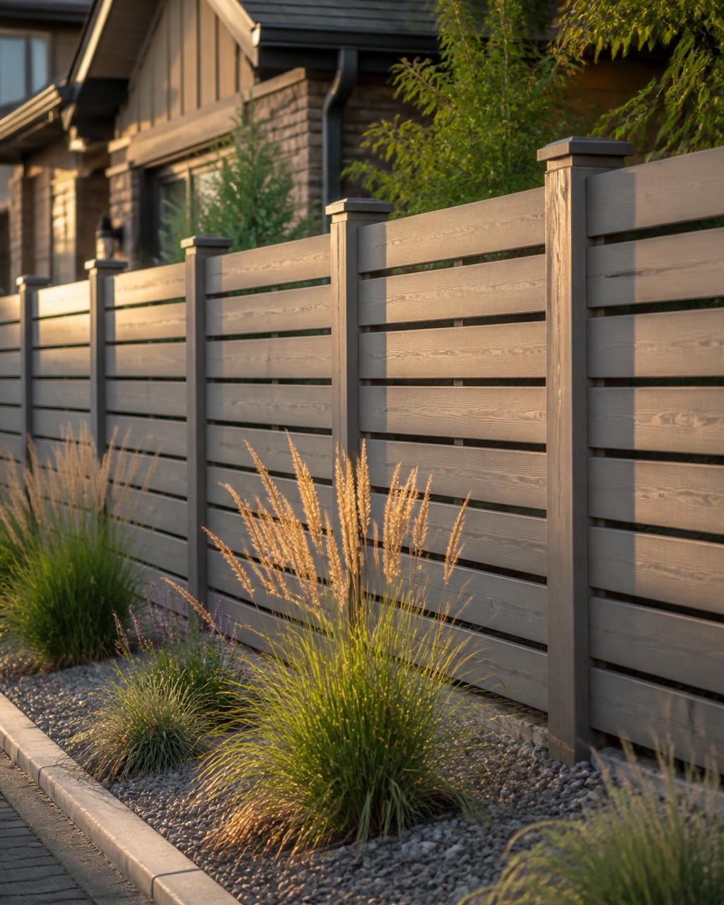 Modern horizontal cedar slat fence with natural wood posts and driftwood gray stain