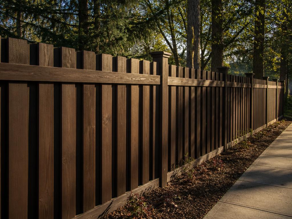 Cedar shadowbox fence with alternating pickets in a deep walnut stain