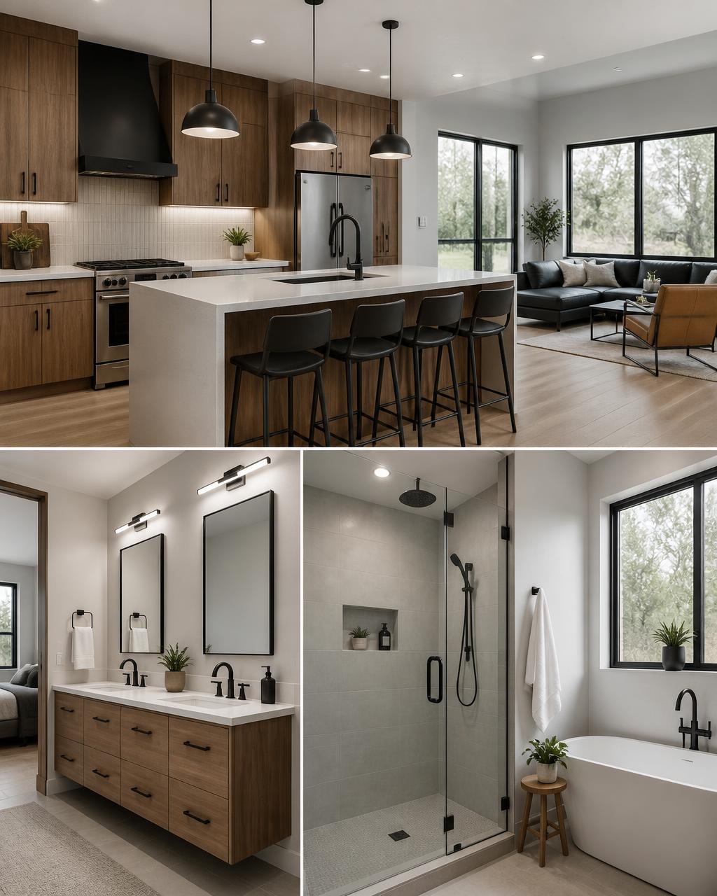 Modern kitchen and bathroom remodel with warm wood cabinetry
